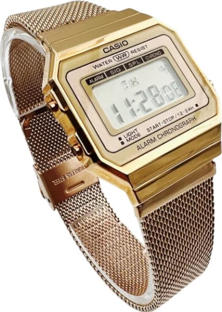 Cadran Casio A700WMG-5DF affiche digitale rétro-éclairée sur fond doré, index fins et date intégrée