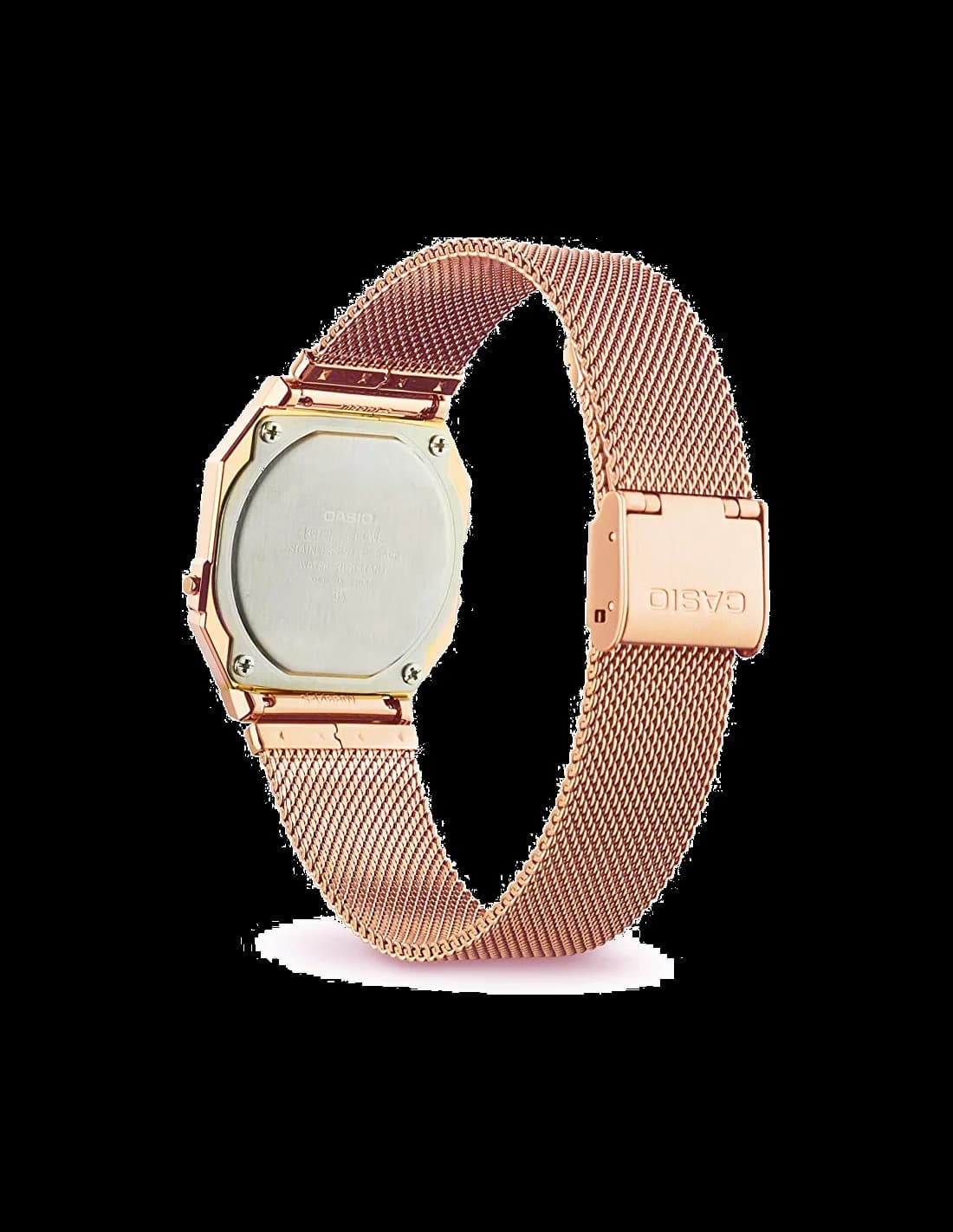 Boîtier Casio A700WMG-5DF ultra-mince en acier doré rose, fond lisse et cornes intégrées pour un profil élégant