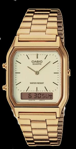 Montre Casio AQ-230GA-9DMQYES avec cadran doré et double affichage analogique-numérique, style rétro chic