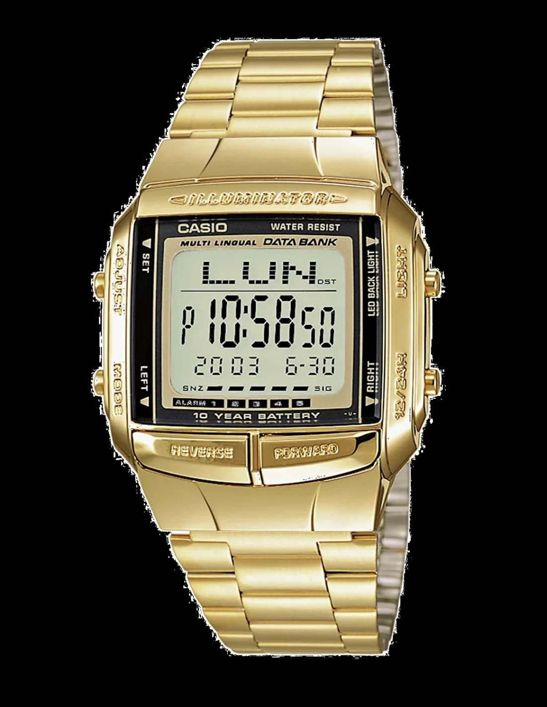 Montre Casio DB-360GN-9AEF au boîtier métal doré jaune et cadran noir contrasté, style rétro numérique