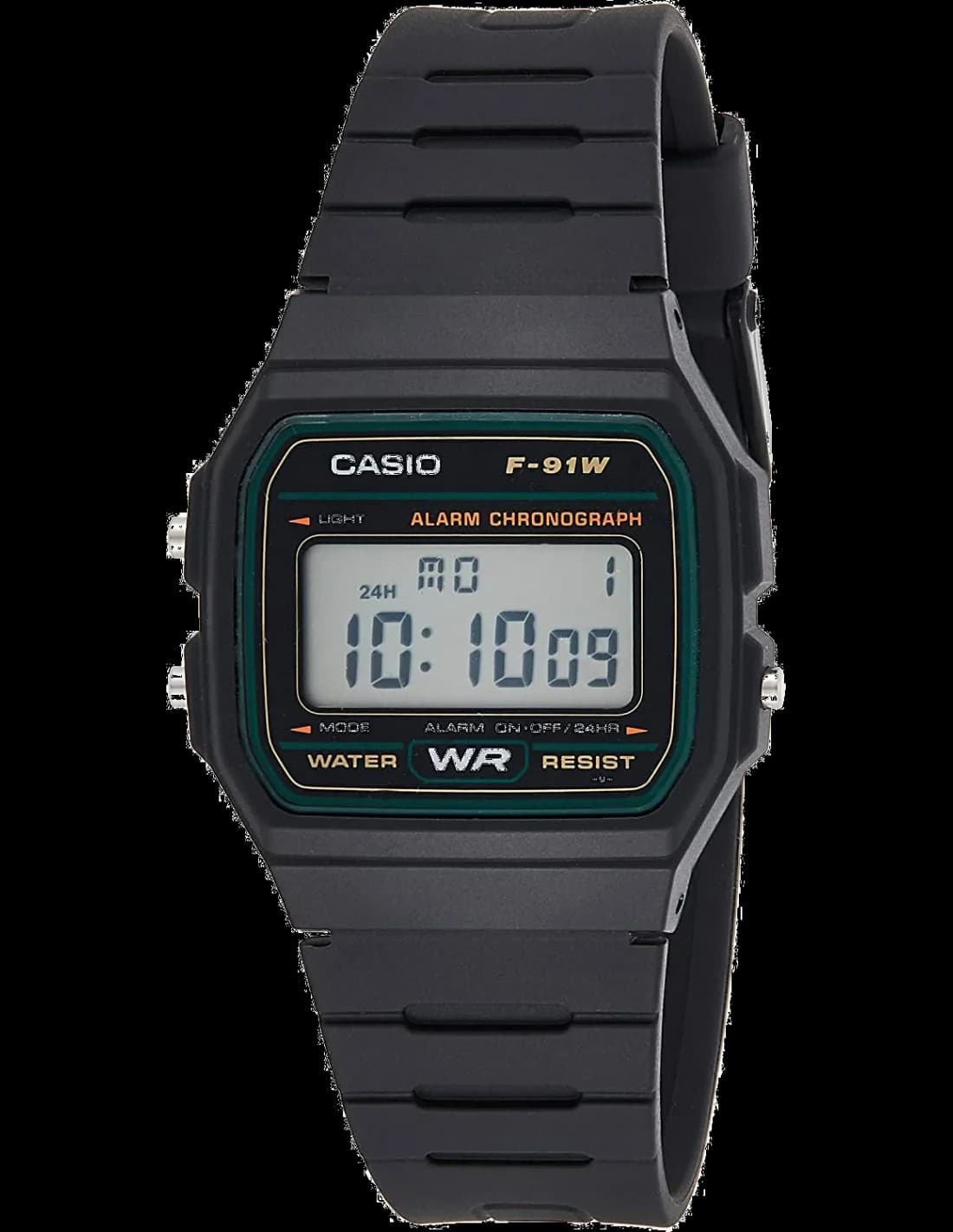 Montre Casio F-91W-3SDG avec affichage digital noir et blanc, icône sportive, design rétro et lisible
