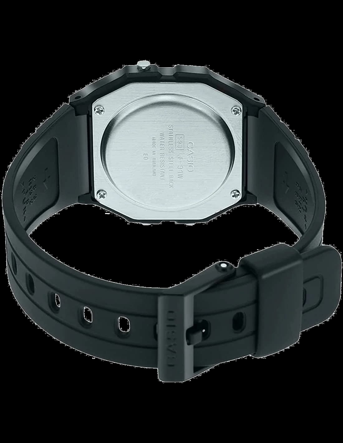 Bracelet Casio F-91W-3SDG en silicone noir souple, boucle classique, confortable et résistant