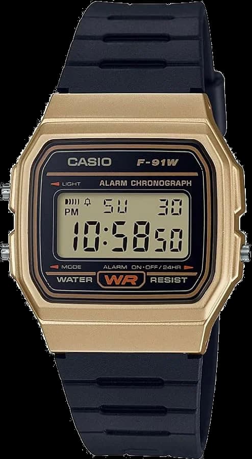 Montre Casio F-91WM-9AEF avec cadran digital jaune et boîtier noir sportif