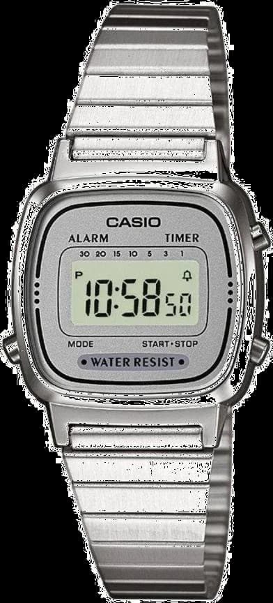 Montre Casio LA670WEA-7EF avec affichage digital rétroéclairé sur fond gris perle et boîtier argenté