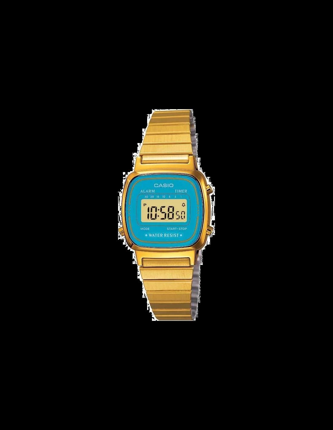 Montre Casio LA670WEGA-2EF au cadran turquoise lumineux et boîtier doré, style rétro chic