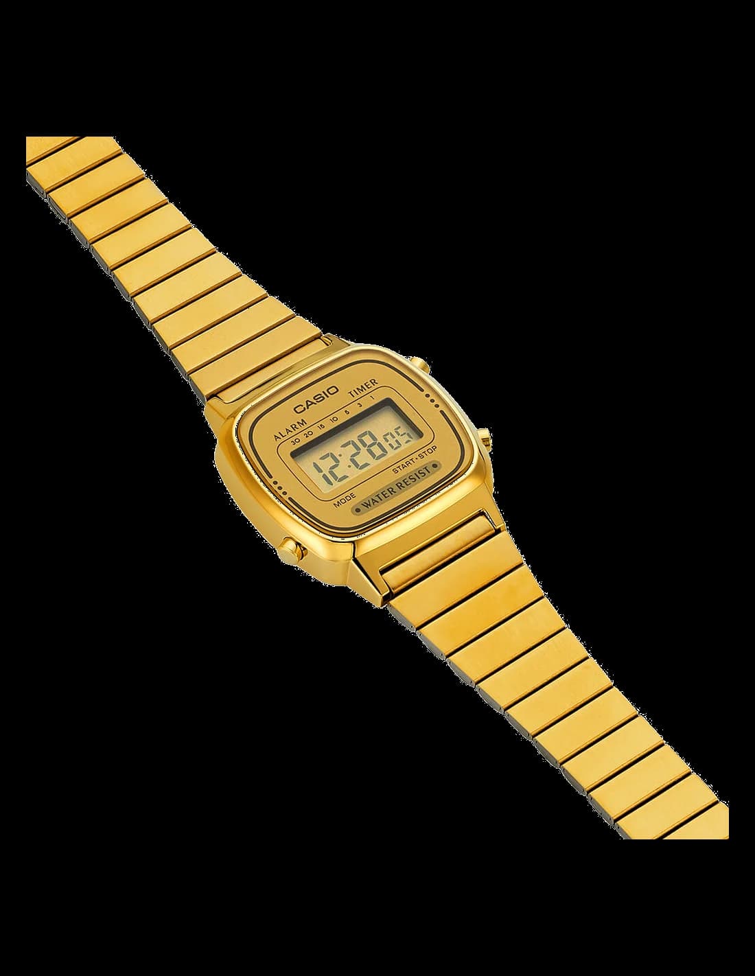 Cadran Casio LA670WEGA-9EF affichage digital lumineux, contraste or et noir lisible