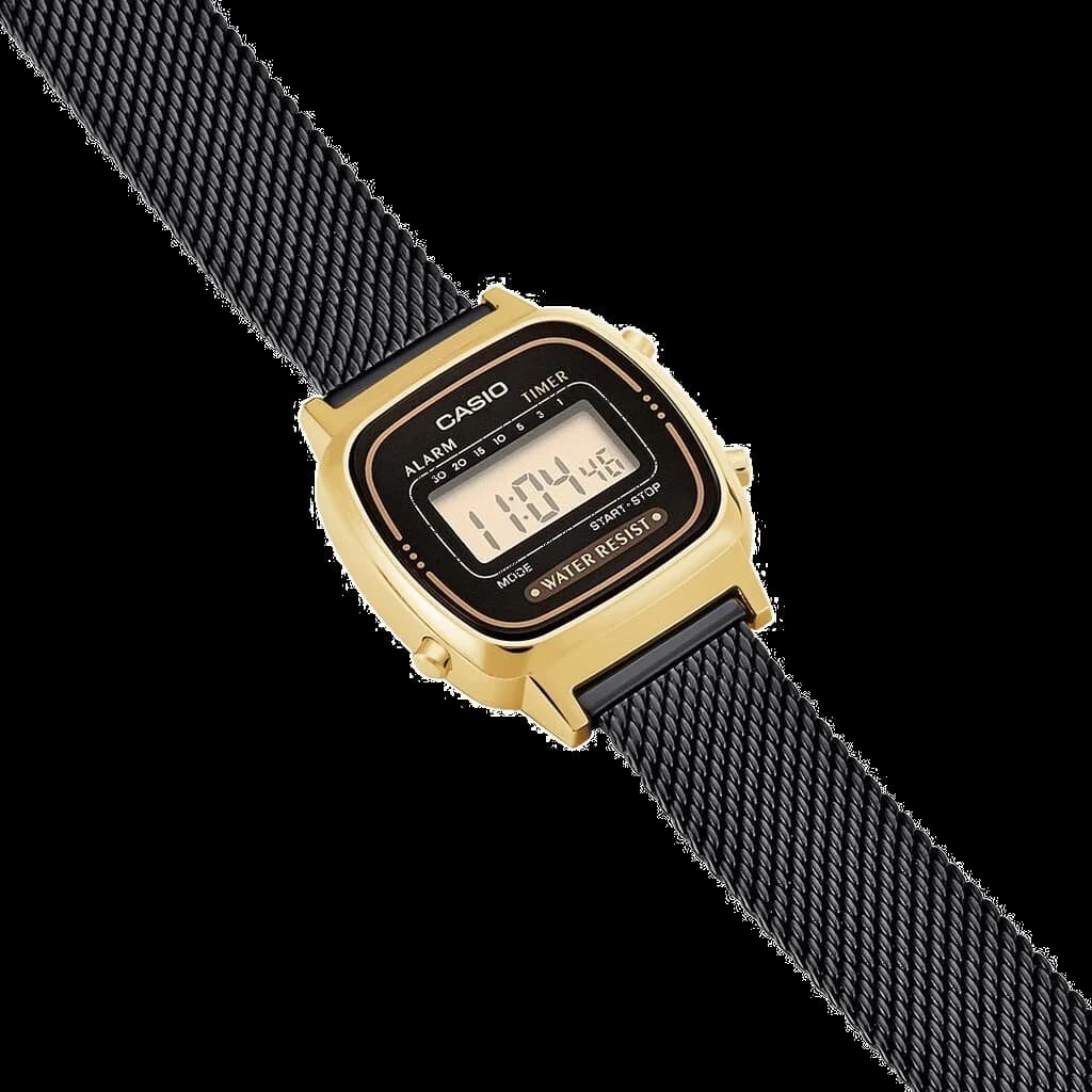 Bracelet Casio LA670WEMB-1EF maille milanaise noire en acier inoxydable, boucle déployante ajustable