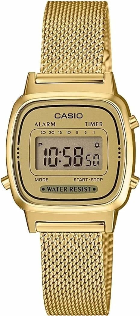 Montre Casio LA670WEMY-9EF au cadran digital doré sur fond noir, design rétro élégant pour femme