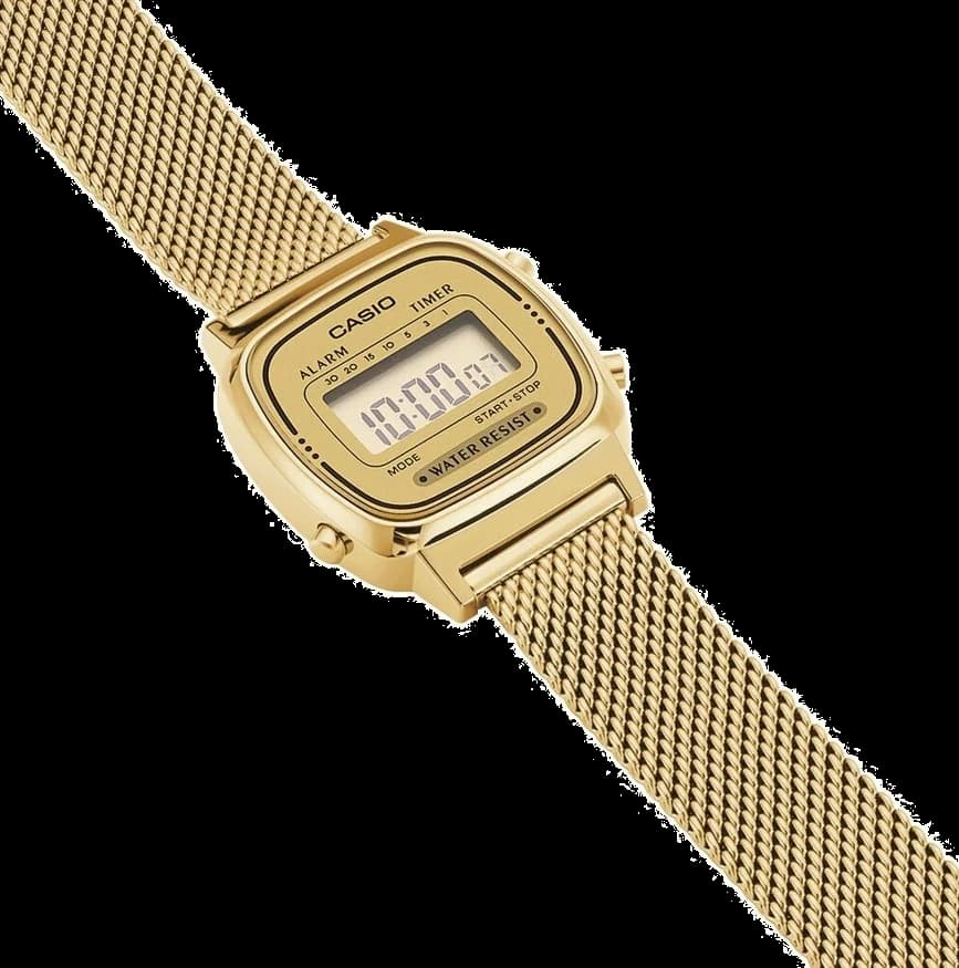 Cadran Casio LA670WEMY-9EF à affichage digital avec icônes, contraste doré et noir, style vintage