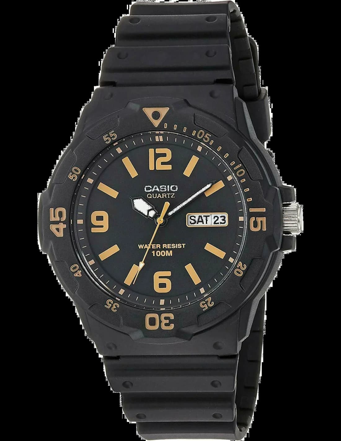 Montre Casio MRW-200H-1B3VEF au cadran noir avec index blancs et lunette rotative noire, style sportif robuste