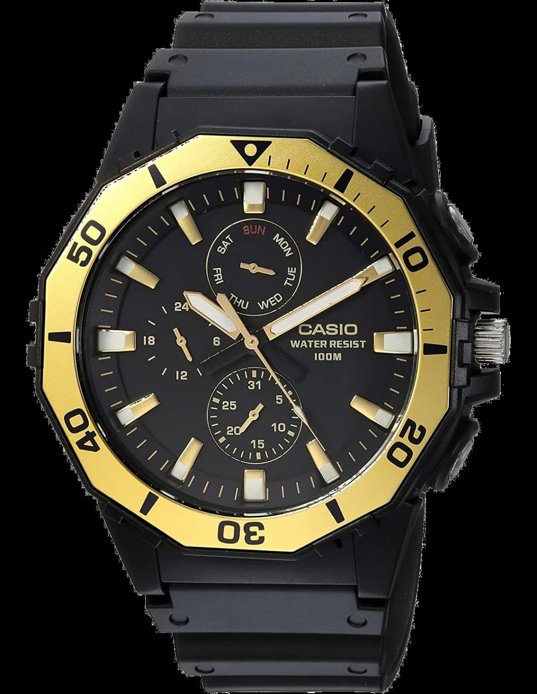 Montre Casio MRW-400H-9AVCF avec cadran noir et index dorés, style sportif robuste