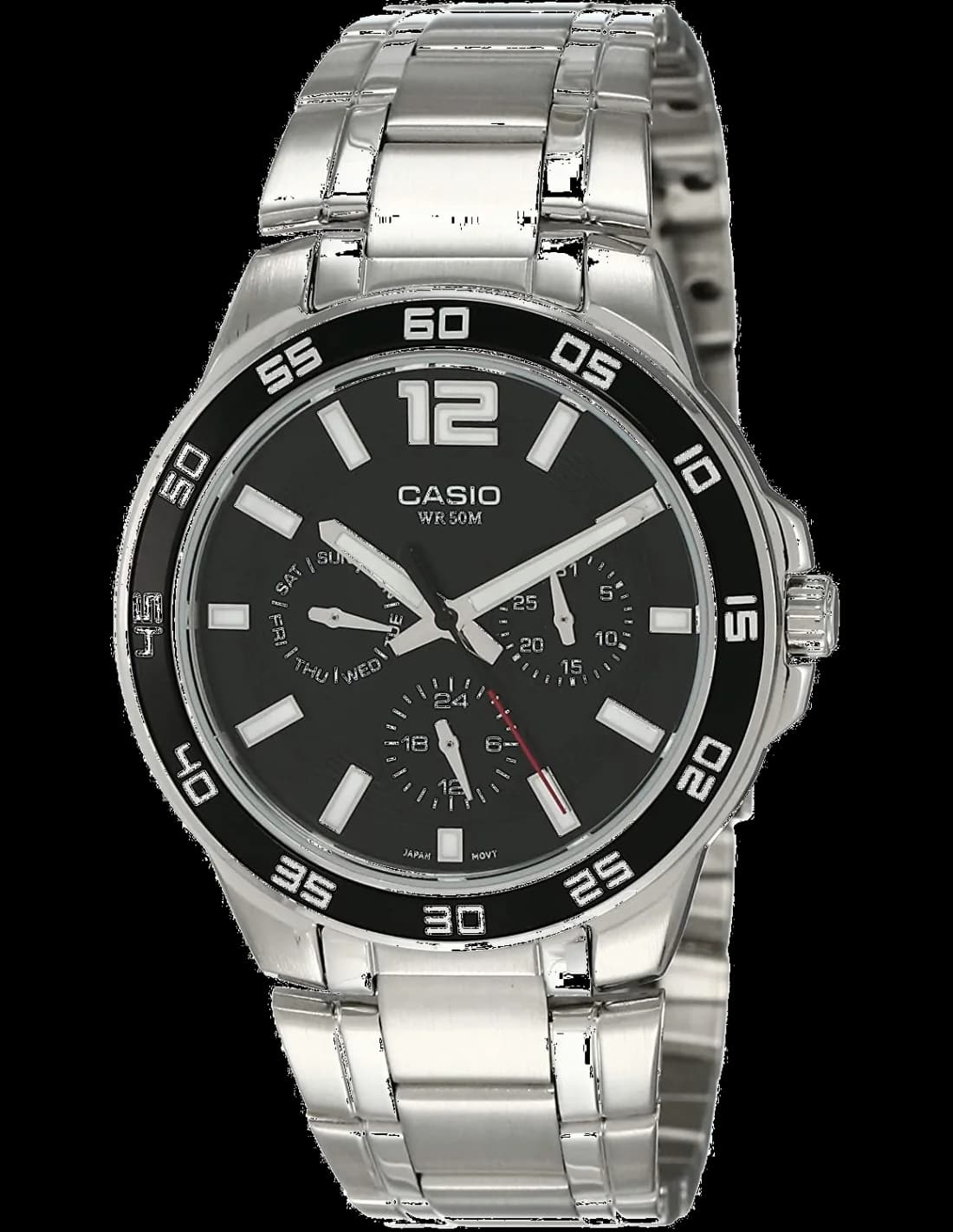 Montre Casio MTP-1300D-1AVEF argentée avec cadran noir et trois sous-cadrans, style classique et sportif