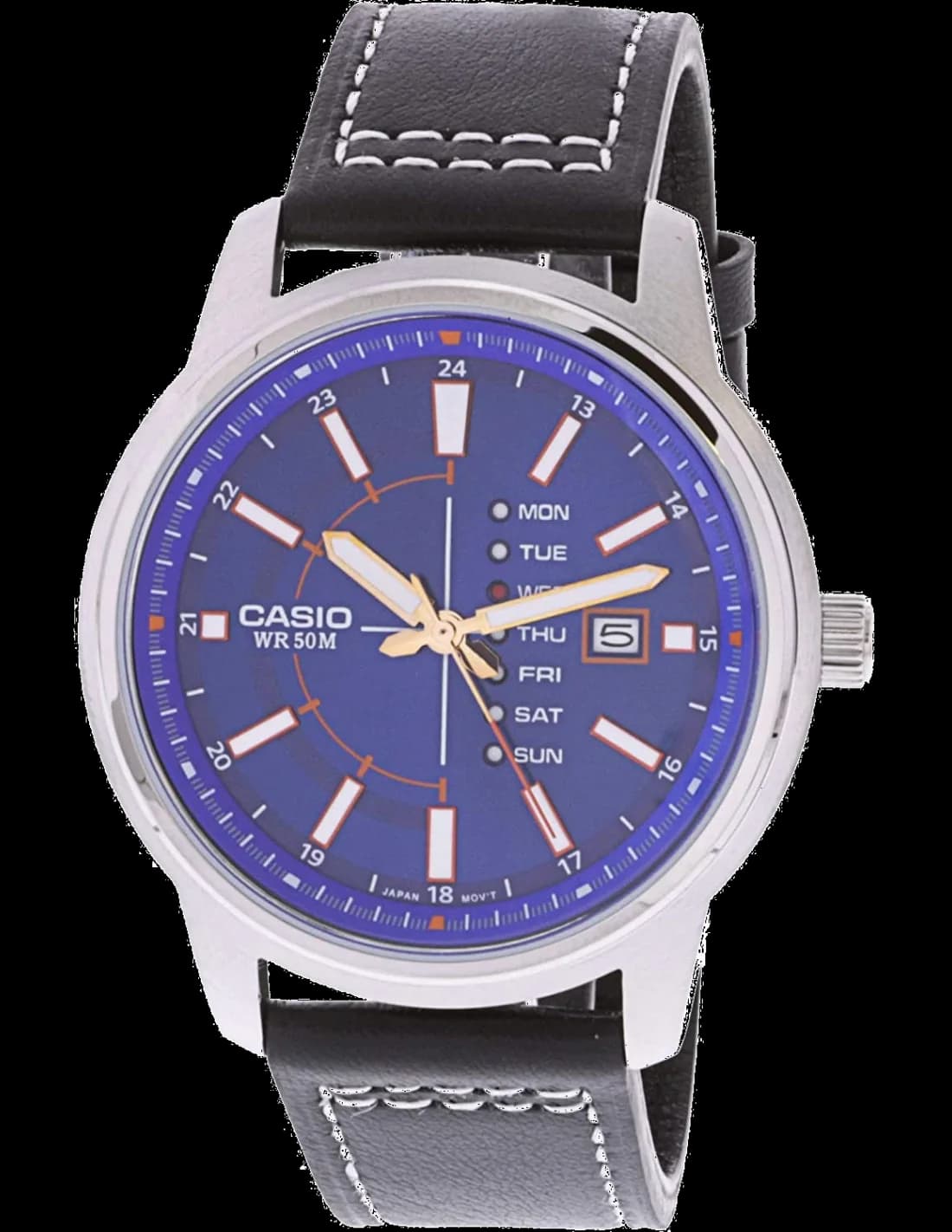 Montre Casio MTP-E128L-2A1V au cadran bleu soleil avec index argentés et aiguilles luminescentes, style classique élégant