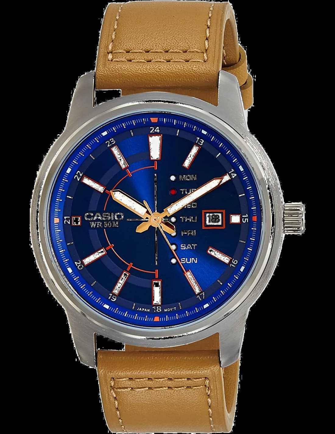 Montre Casio MTP-E128L-2A2V avec cadran bleu soleil, index appliques et aiguilles argentées sur fond bleu élégant