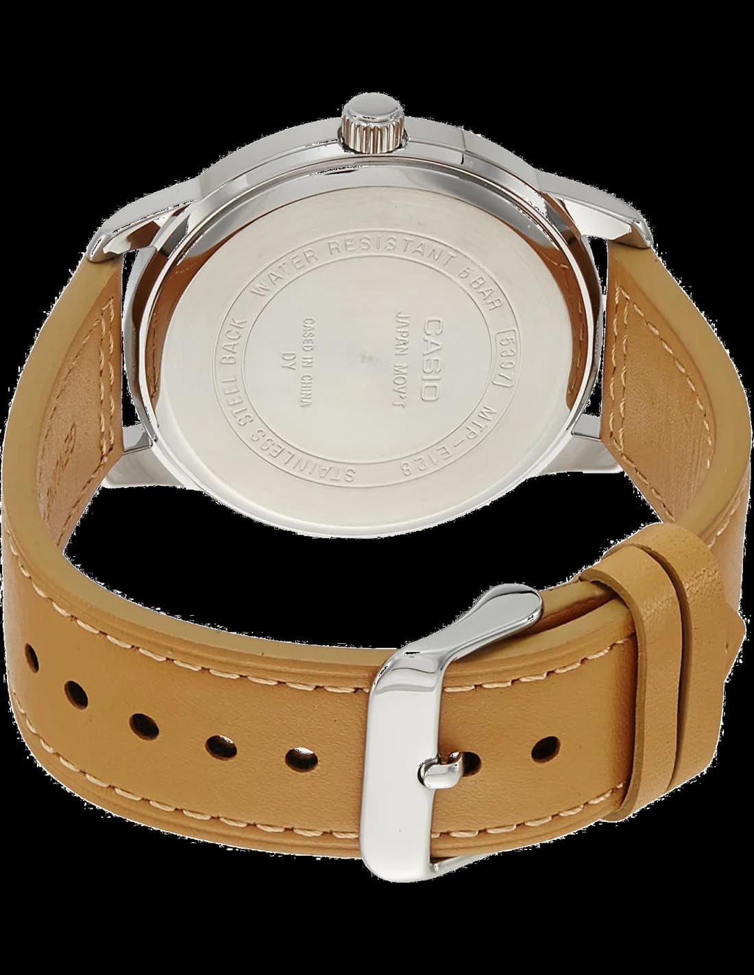 Cadran Casio MTP-E128L-2A2V aux index bâtons et aiguilles luminescentes, guichet date à 3h sur fond bleu soleil