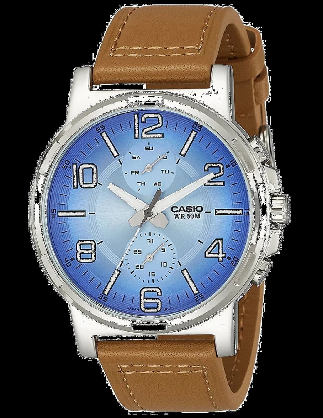 Montre Casio MTP-E313L-2B2V avec cadran bleu soleil et index bâtons, style classique et sportif