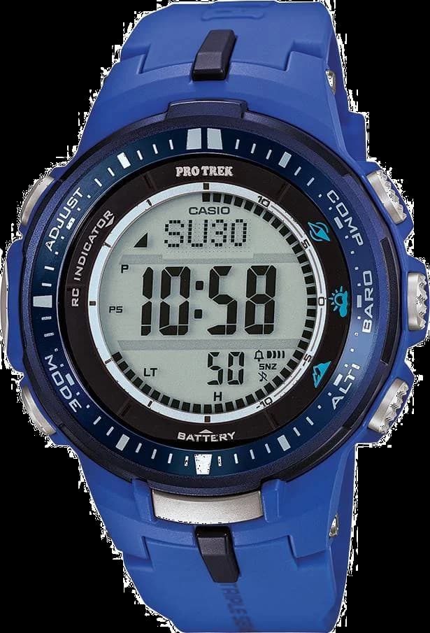 Montre Casio PRW-3000-2BER avec cadran bleu et affichage digital analogique, style outdoor robuste