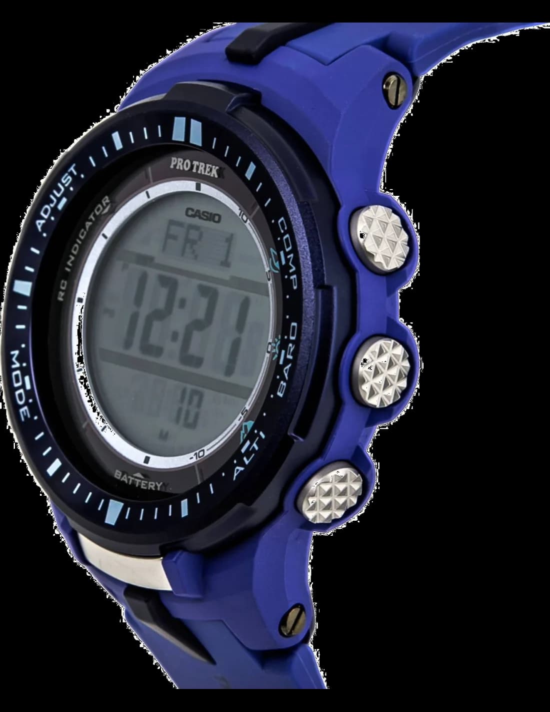 Cadran Casio PRW-3000-2BER avec aiguilles luminescentes, index appliqués et triple capteur (altimètre, baromètre, boussole)