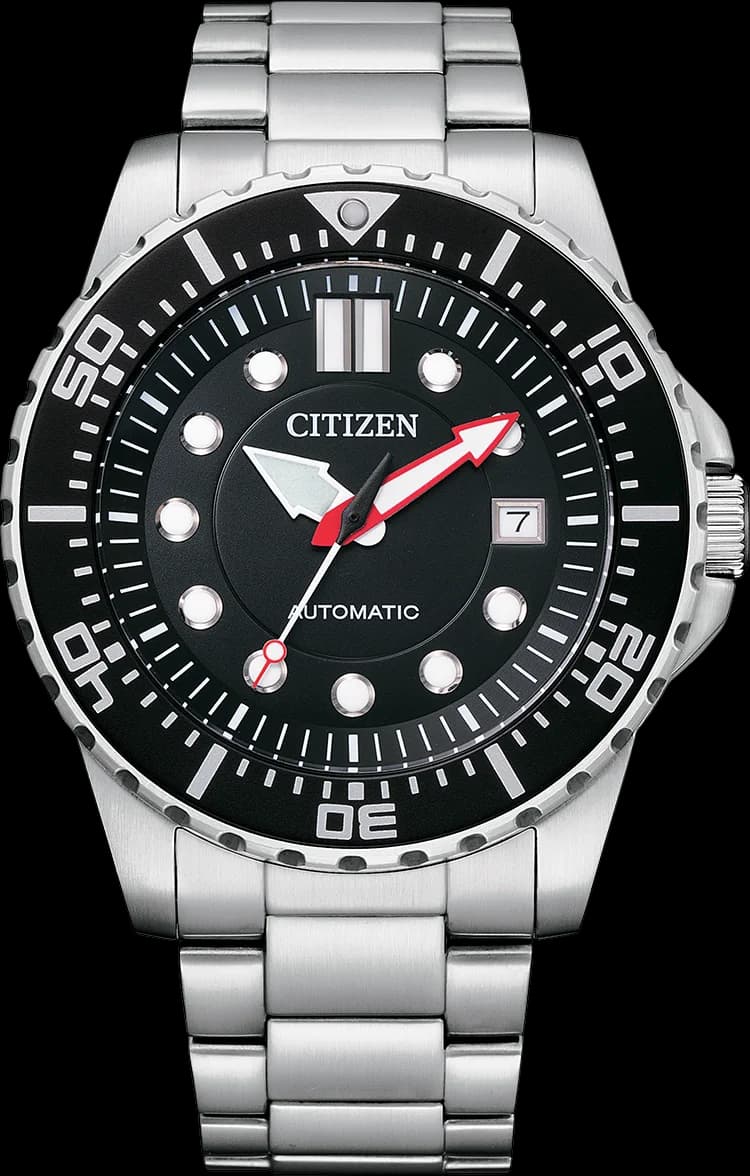 Montre Citizen NJ0120-81E en acier avec cadran noir texturé et lunette brossée sportive