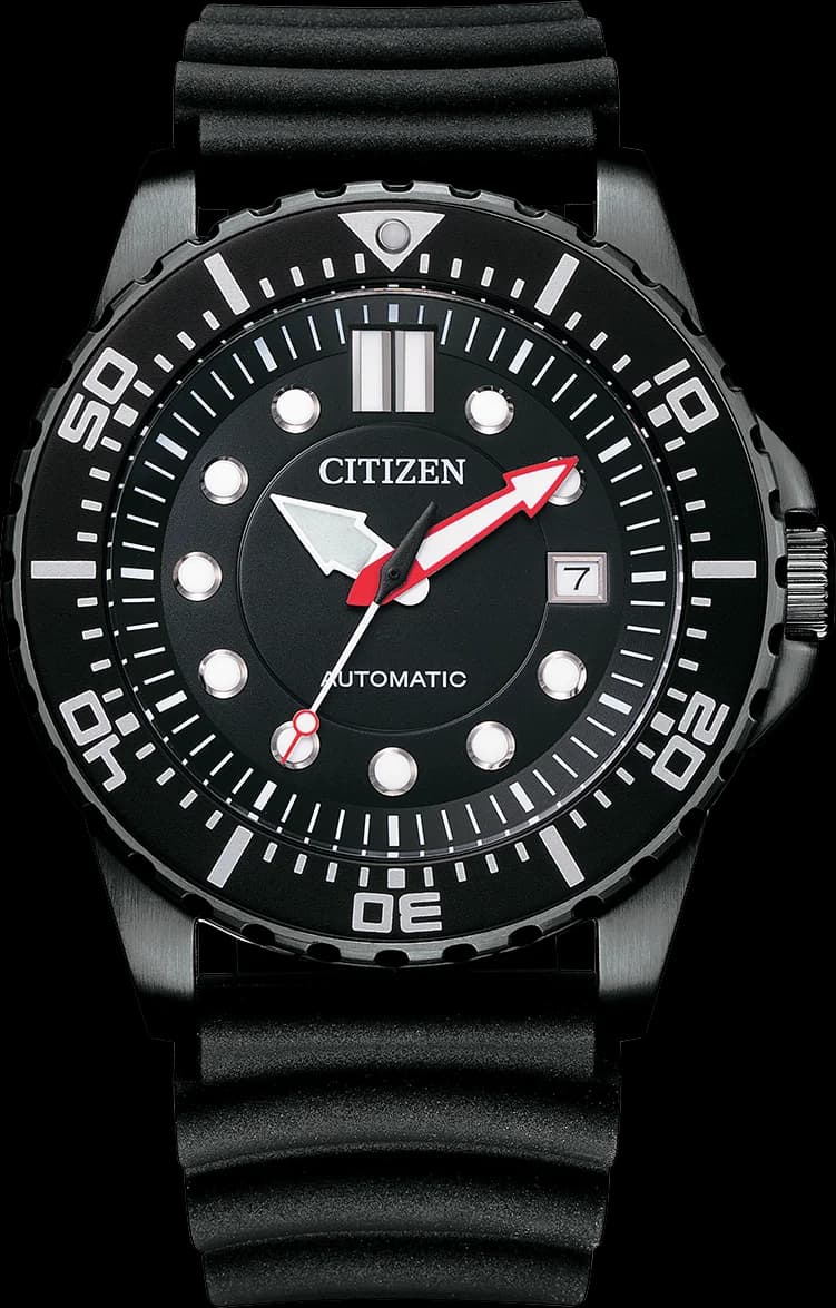 Montre Citizen NJ0125-11E au cadran noir texturé, aiguilles et index luminescents, style sportif automatique