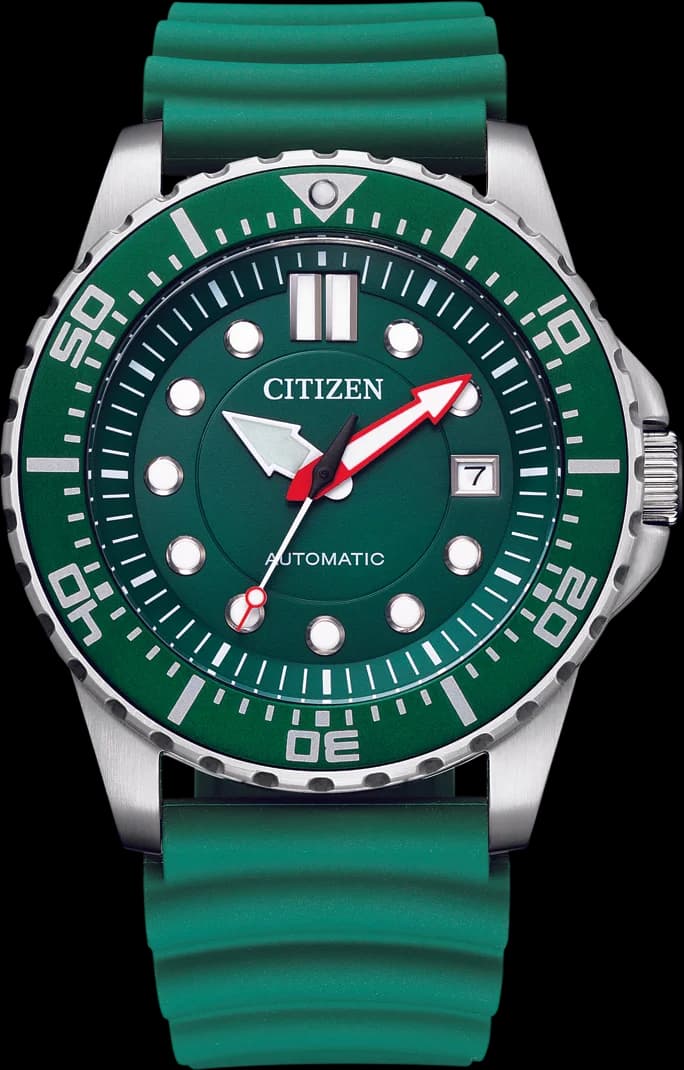 Montre Citizen NJ0129-10X au cadran vert avec bracelet silicone noir, style sportif et élégant