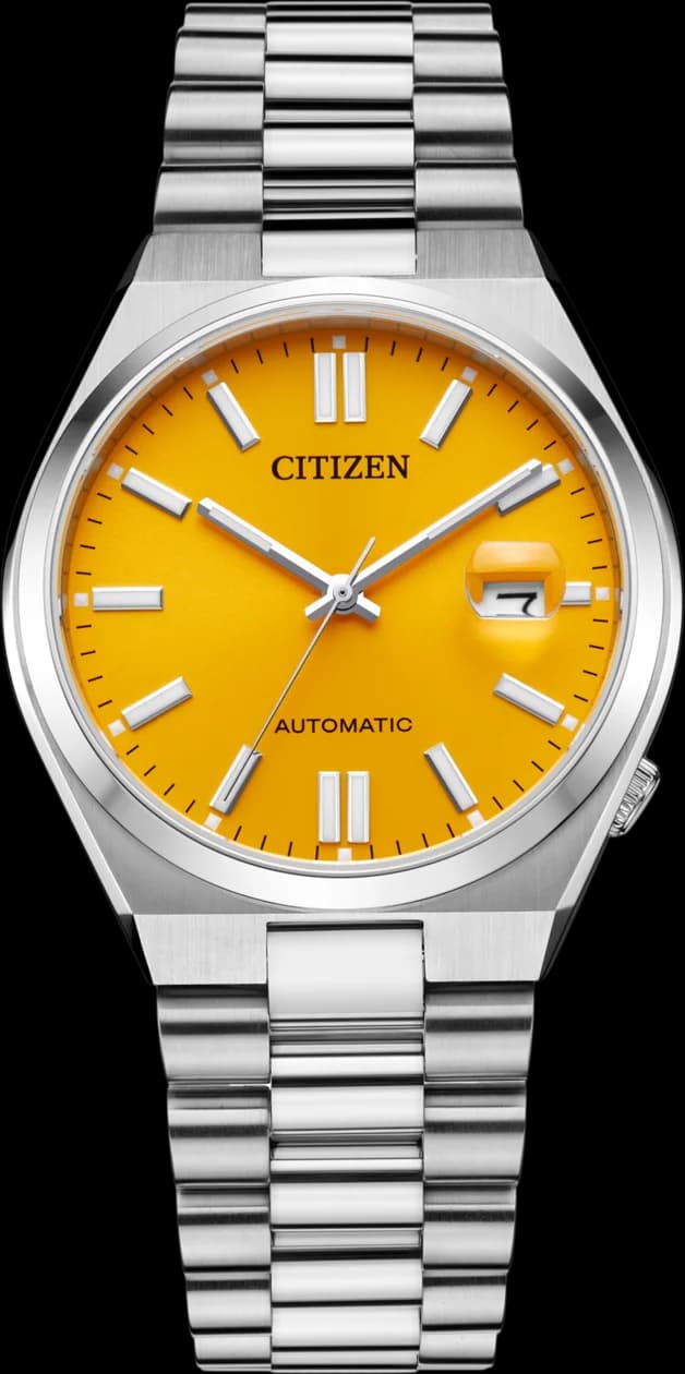 Montre Citizen NJ0150-81Z avec cadran orange soleil, aiguilles et index argentés sur fond lumineux