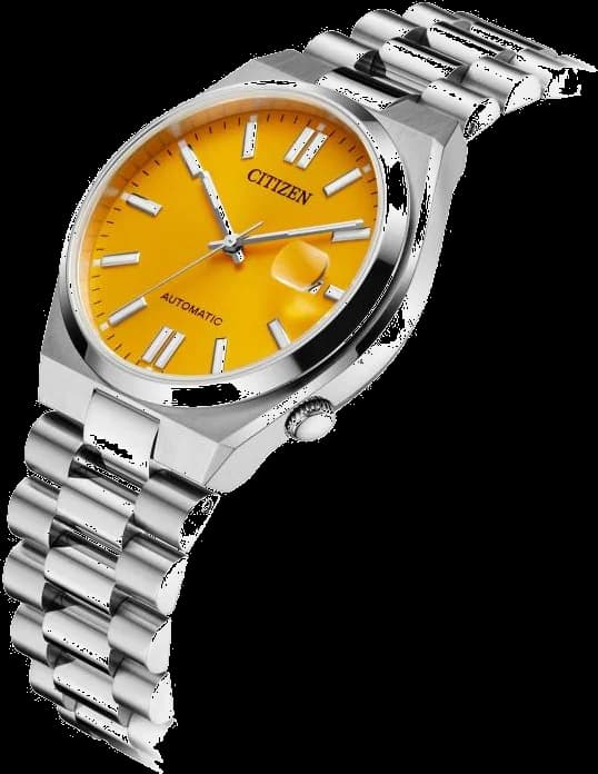 Cadran Citizen NJ0150-81Z soleil orange vif, index appliqués et aiguilles bâton, guichet date à 3h