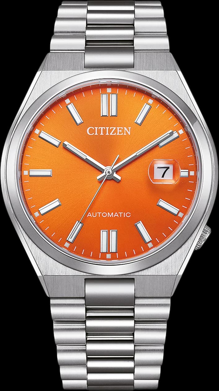 Montre Citizen NJ0151-88Z cadran orange soleil, aiguilles et index argentés, style classique et sportif