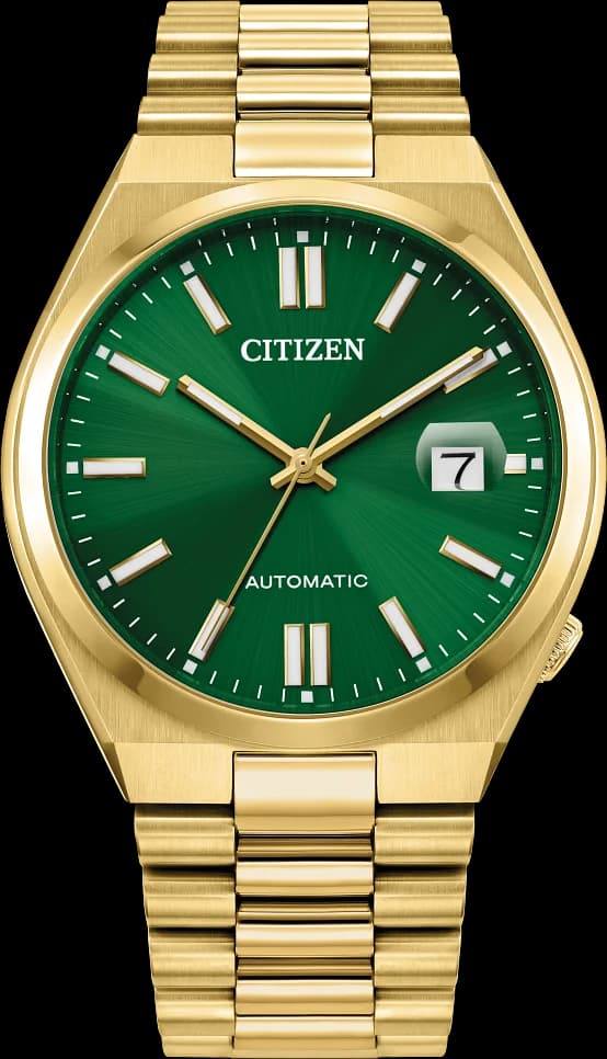 Montre Citizen NJ0152-51X au cadran vert soleillé, boîtier acier et verre saphir pour un style élégant et moderne