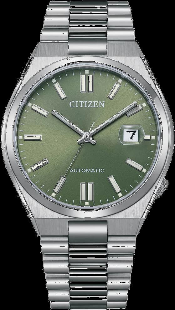 Montre Citizen NJ0158-89Z avec cadran vert soleil, aiguilles et index argentés, style classique sport