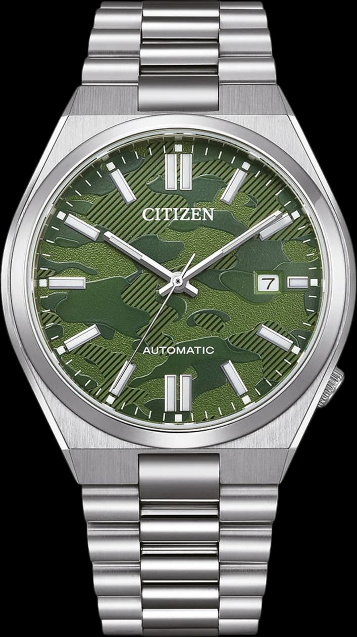 Montre Citizen NJ0159-86X au cadran vert camouflage et aiguilles lumineuses, style sport-chic automatique