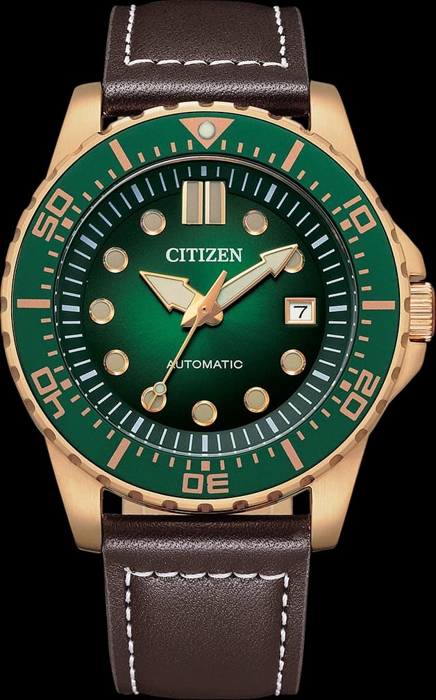 Montre Citizen NJ0173-18X au cadran vert soleil et boîtier acier brossé, style classique moderne