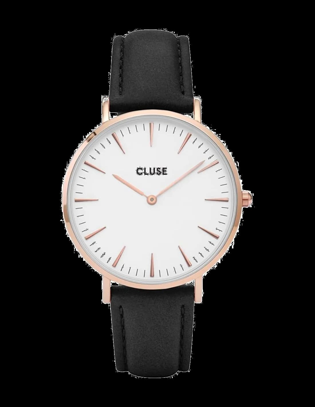 Montre Cluse CL18008 au cadran noir minimaliste, aiguilles dorées, style épuré chic