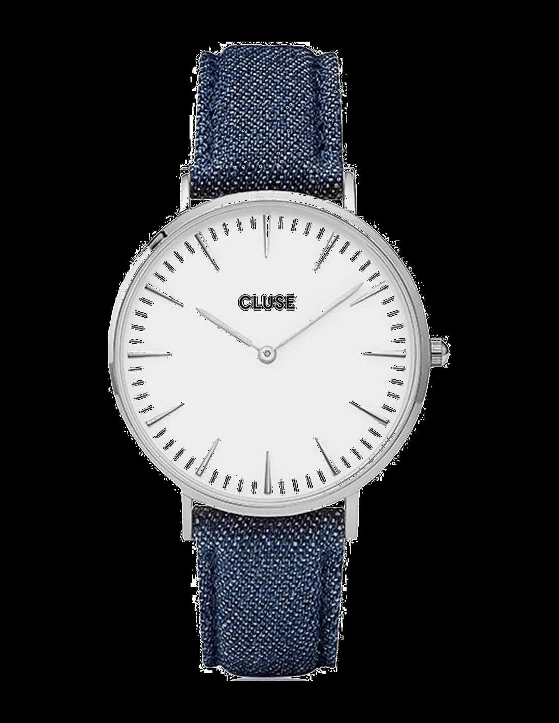 Montre Cluse CL18229 au cadran blanc laqué et aiguilles dorées, style élégant et minimaliste sur fond denim