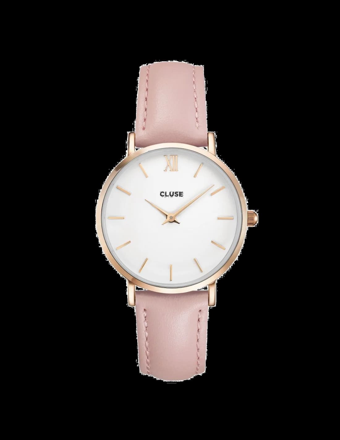 Montre Cluse CL30001 au cadran blanc laqué avec aiguilles dorées et index bâtons, style minimaliste élégant