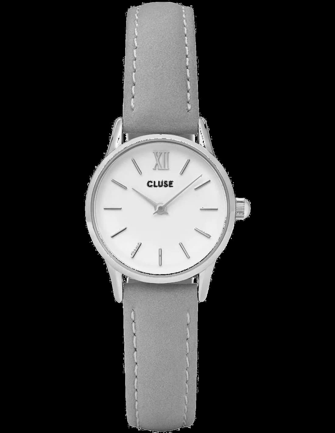 Montre Cluse CL50013 au cadran blanc épuré et aiguilles dorées sur bracelet en cuir gris