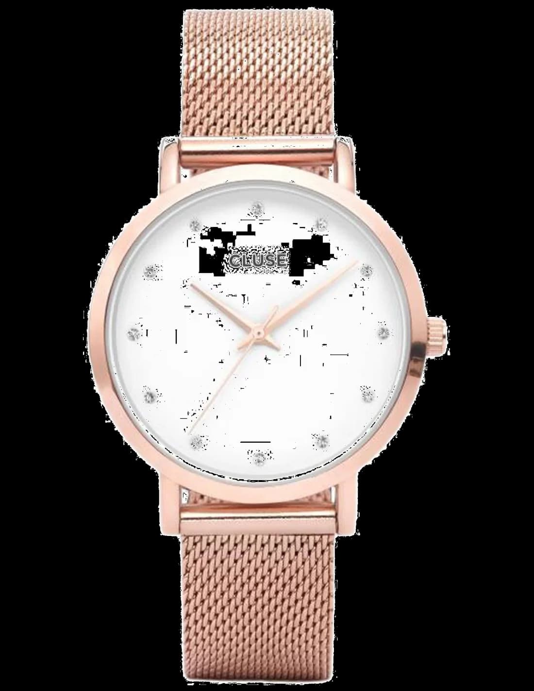 Montre Cluse CL18303 au cadran blanc laqué, aiguilles dorées fines et index bâtons, style minimaliste élégant