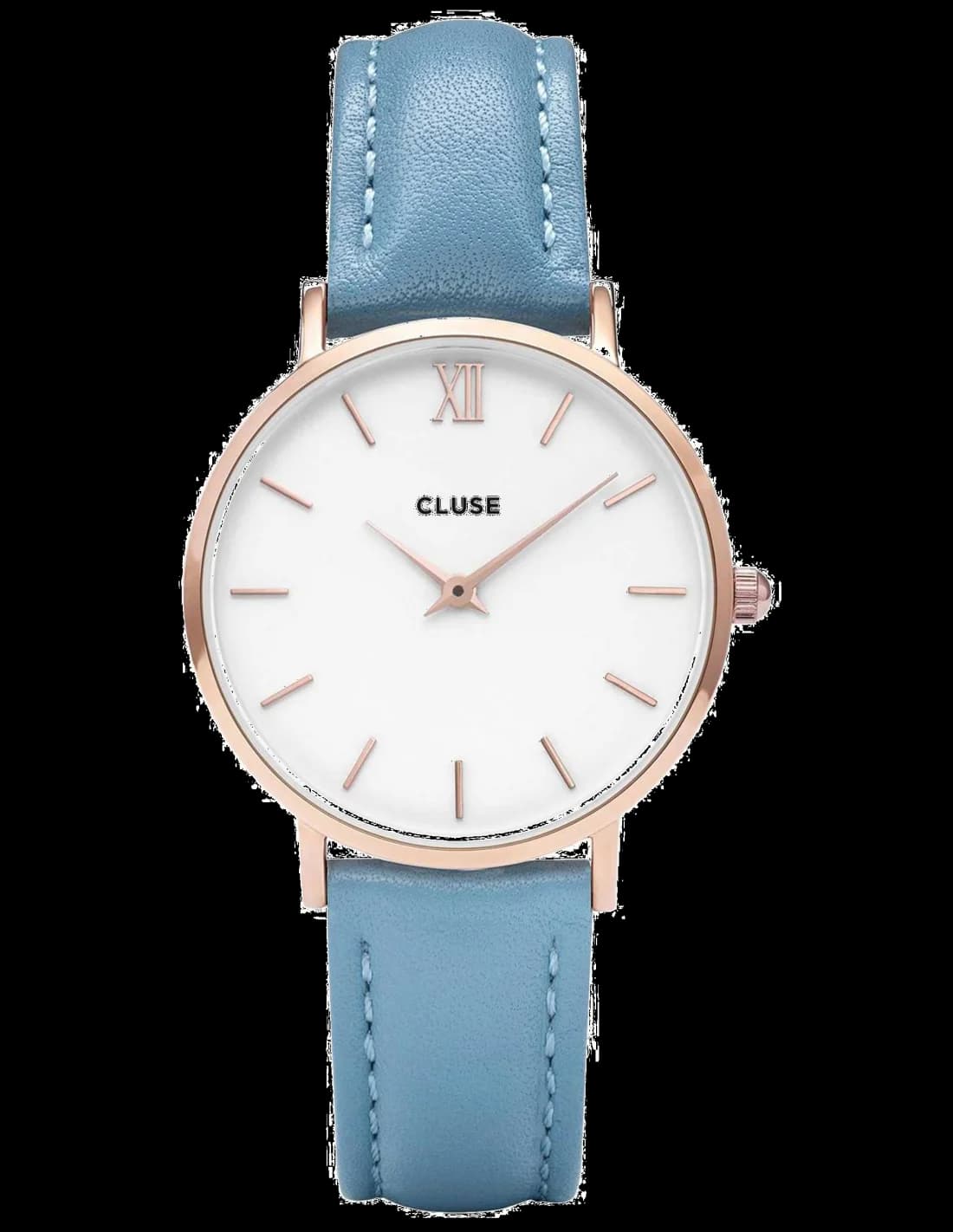 Montre Cluse CL30046 au cadran blanc minimaliste, aiguilles dorées et index bâtons, style élégant et sobre