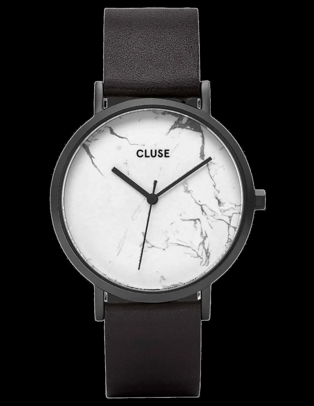 Montre Cluse CL40002 fond marbre blanc veiné, aiguilles dorées, style élégant et minimaliste