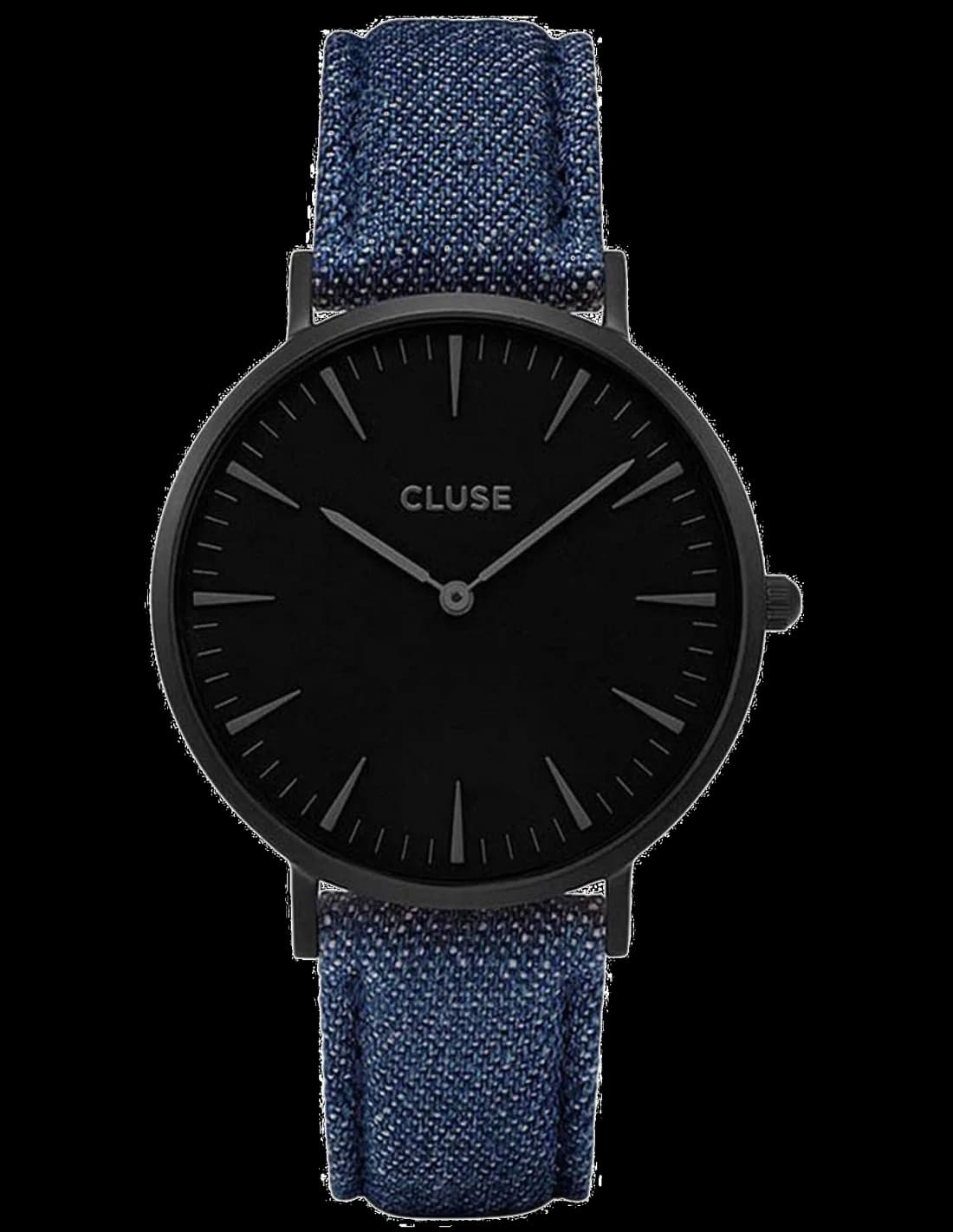 Montre Cluse CL18507 au cadran blanc épuré et aiguilles fines, sur fond bleu denim pour un style casual chic
