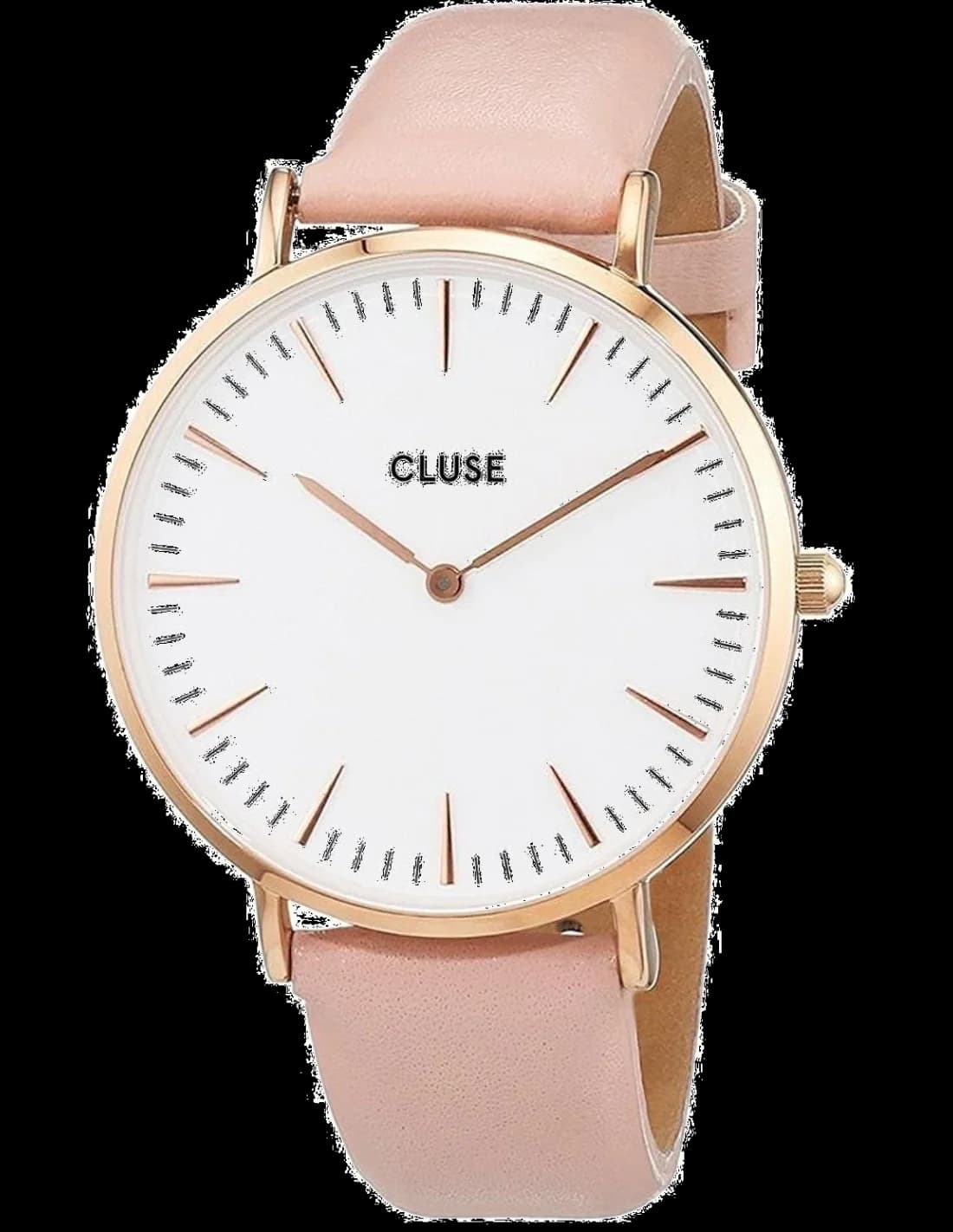 Montre Cluse CL18014 au boîtier argenté et cadran blanc nacré avec index bâtons et aiguilles dorées, style minimaliste chic