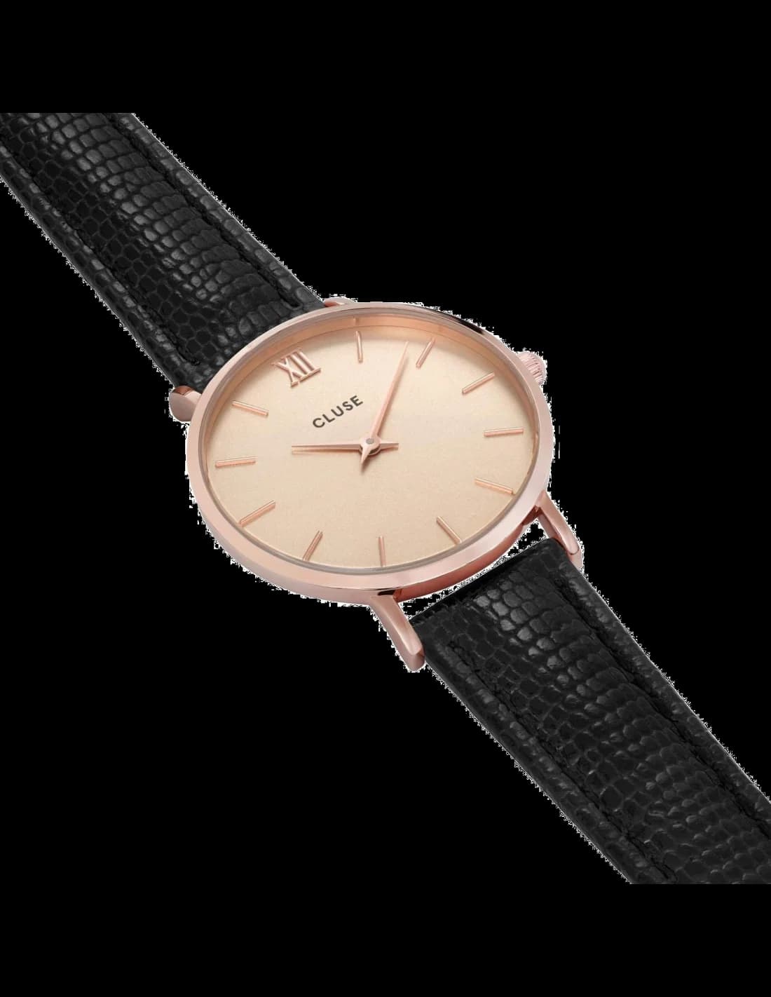 Cadran Cluse CL30051 noir avec index dorés, aiguilles or rose, affichage épuré et chic