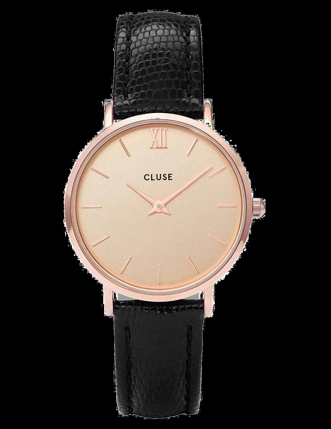 Montre Cluse CL30051 au cadran noir et or rose, design épuré et élégant pour un style raffiné