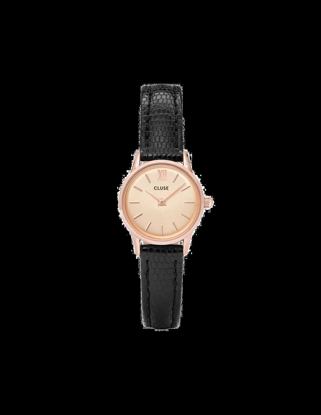 Montre Cluse CL50028 au cadran noir profond orné d'index dorés et aiguilles or rose, style épuré et élégant