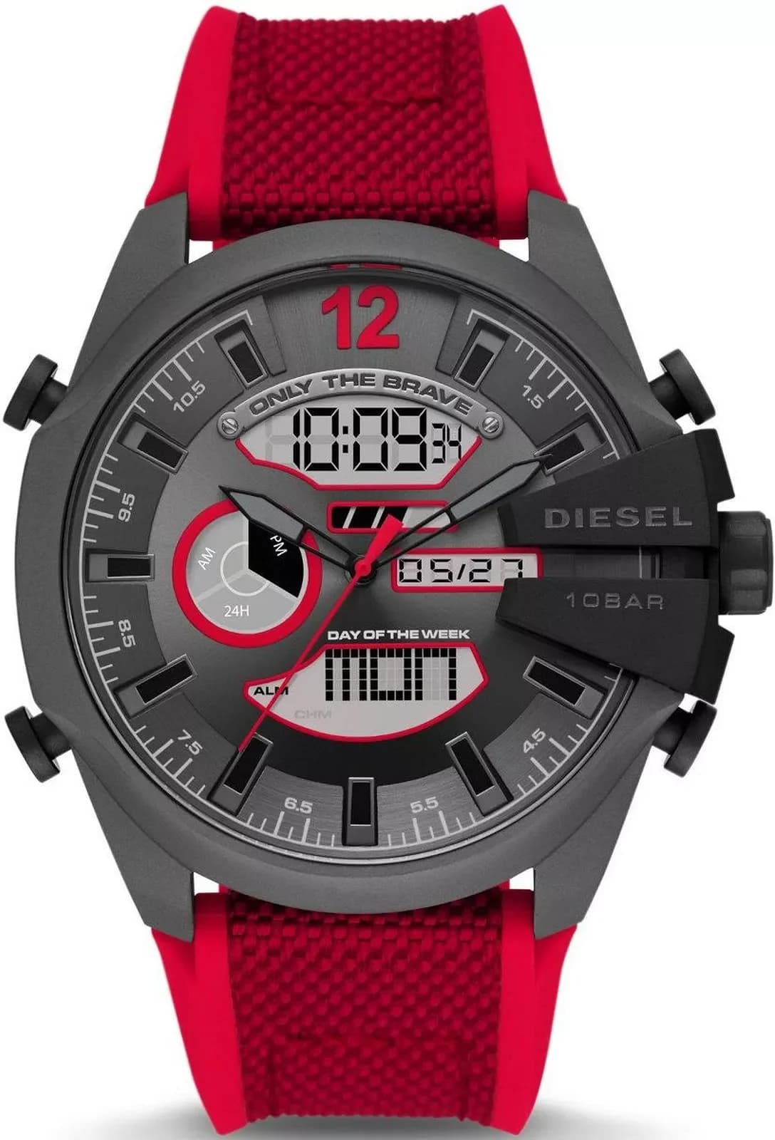 Montre Diesel DZ4551 au cadran multifonction noir avec compteurs et logo rouge, style imposant et sportif