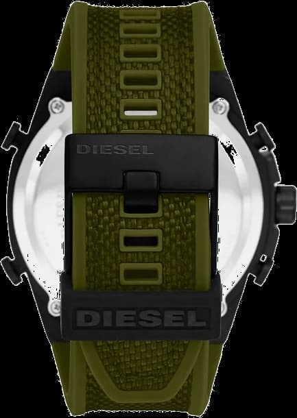 Cadran Diesel DZ4549 avec compteurs chrono, date à 4h30 et index bâtons lumineux sur fond vert olive