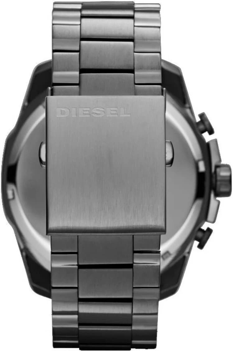 Boîtier Diesel DZ4282 large en acier noir, lunette crantée, vue de profil épaisse
