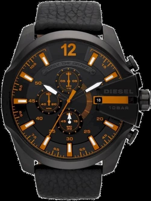 Montre Diesel DZ4291 au cadran noir profond avec accents orange vifs et index blancs, style urbain audacieux