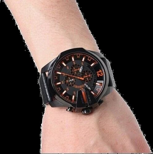 Bracelet Diesel DZ4291 en cuir noir texturé avec surpiqûres orange contrastantes, boucle ardillon signée