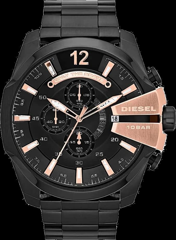Montre Diesel DZ4309 noire avec cadran squeletté et accents or rose, style urbain et audacieux